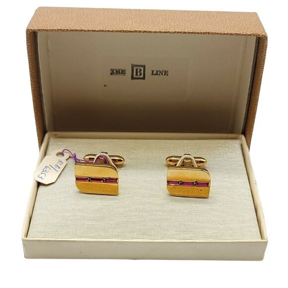Lamode Gold Tone Pink Rhinestone Cufflinks Vintage in Box Rectangle Shape - Picture 1 of 6